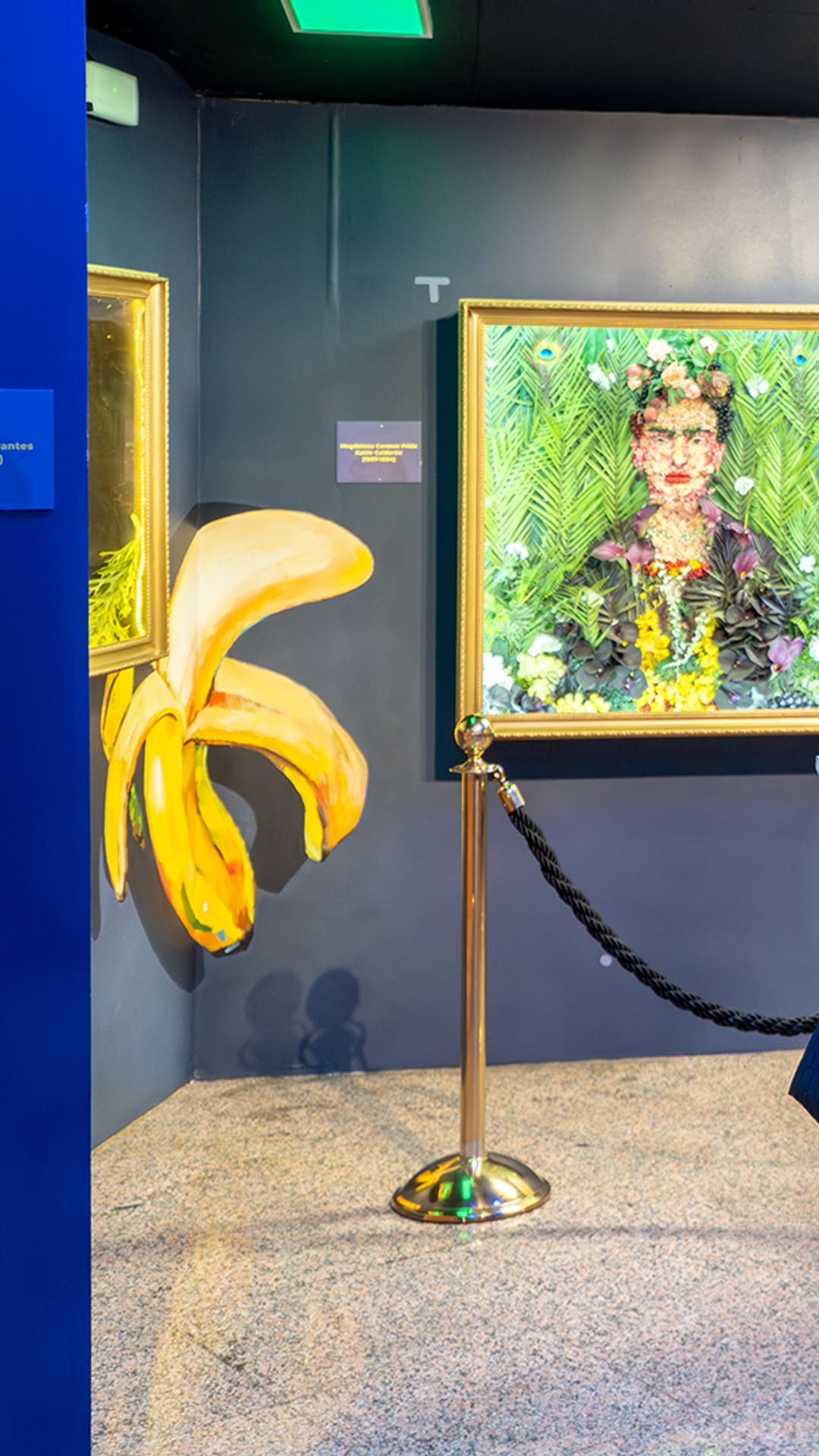Gallery room of food-art masterpieces — a banana, a fried egg and a pizza slice — at Food Art Museum Barcelona
